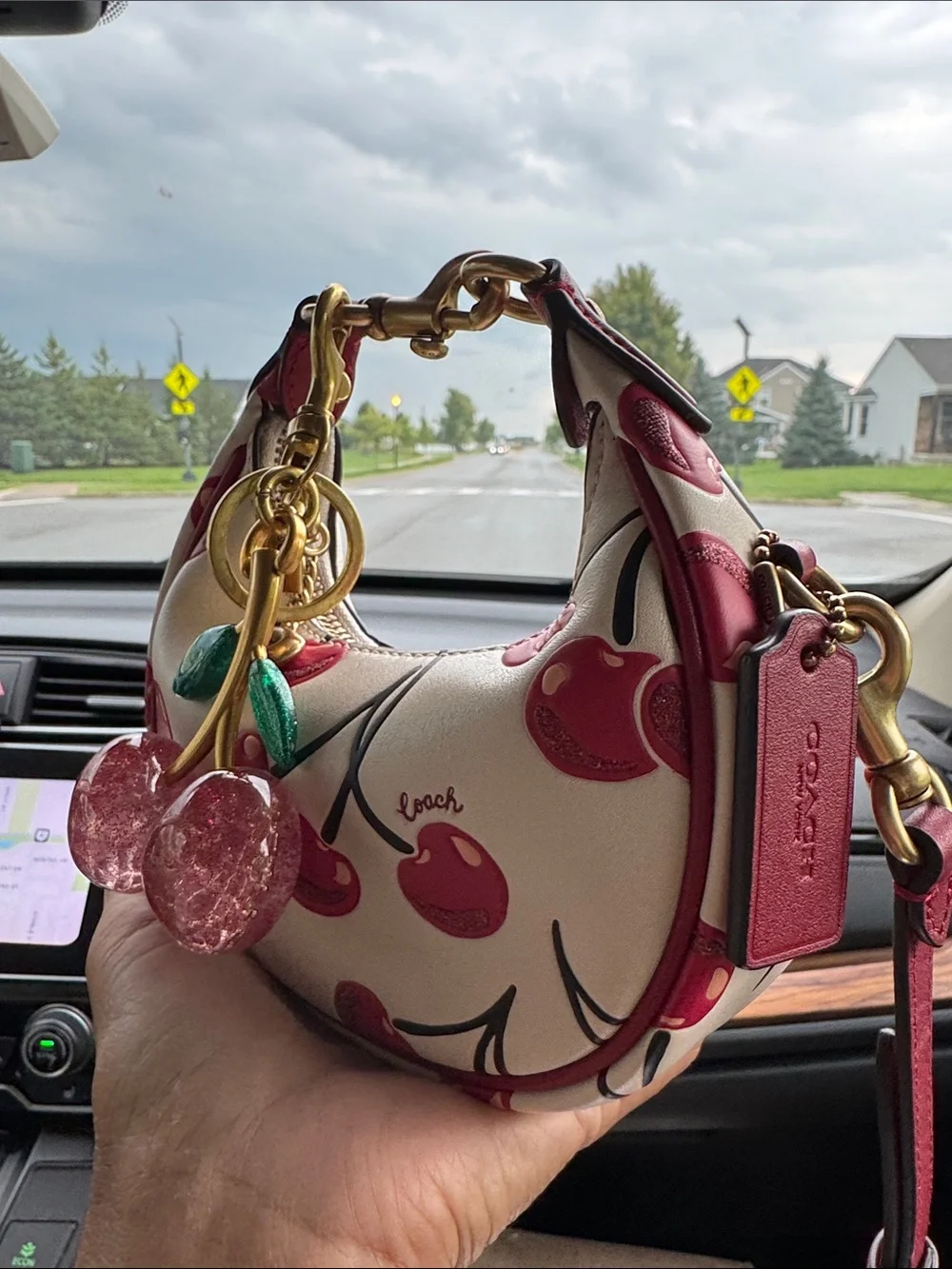 Coach White & Red Cherry Print Mini Shoulder Bag with Cherry Charm